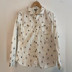 Eddie Bauer Long sleeve button down shirt skier ski novelty print size L winter
